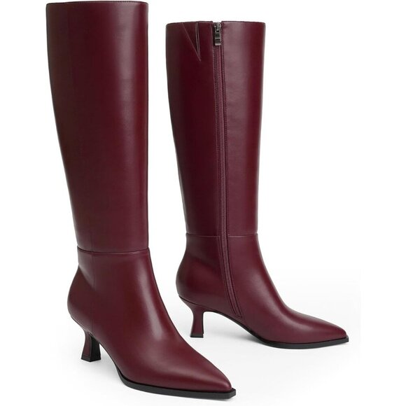 Women's Burgundy Modatope Knee Boots for Faux Leather Low Heel Toe Pointed - Picture 3 of 7